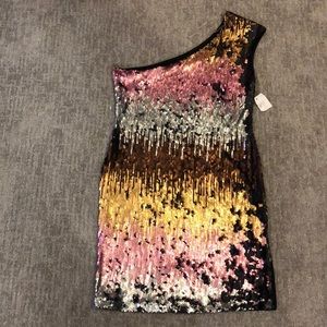 Multicolored flirty sequin 1X black shoulder dress